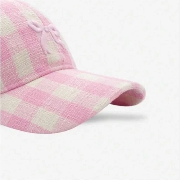 Adjustable Checkered Light Pink + White Embroidered Bowknot Baseball Cap OS New - Picture 5 of 11